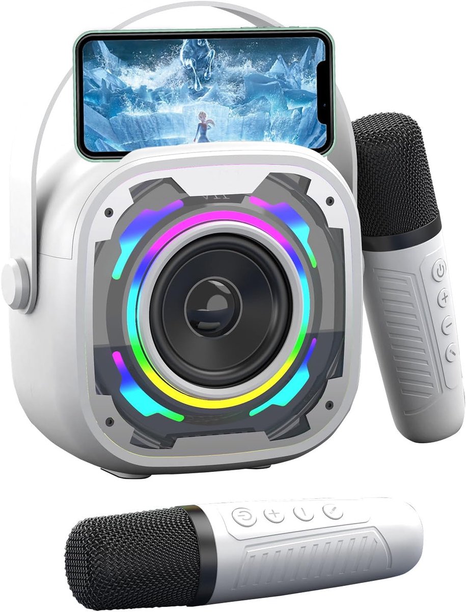 Mini karaokemachine voor kinderen en volwassenen, draagbare Bluetooth-luidspreker met 2 draadloze karaokemicrofoons, zangmachine, kerstcadeaus, verjaardagscadeaus voor meisjes en jongens van 3, 4, 5, 6, 7, 8, 9, 10, 11 en 12 jaar (wit)