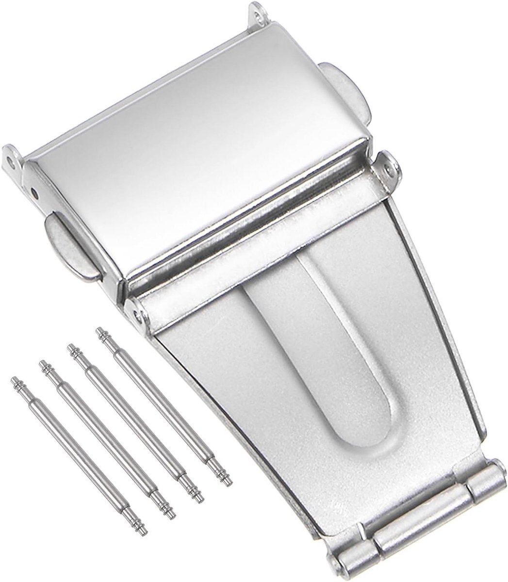 Allecto plus - 20mm Roestvrij Stalen Horlogeband Vouwslot met Drukknoop Gesp, Zilverkleurig, Verlenging