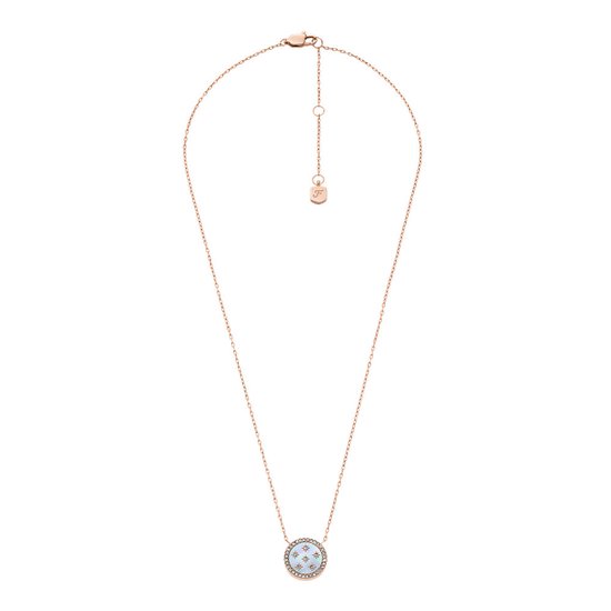 Gouden collier met ronde hanger, versierd met sterren en kristallen.
