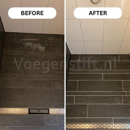 Witte wandtegels in een hoek van een douche. De voegen zijn voor en na bijgewerkt met een voegstift.