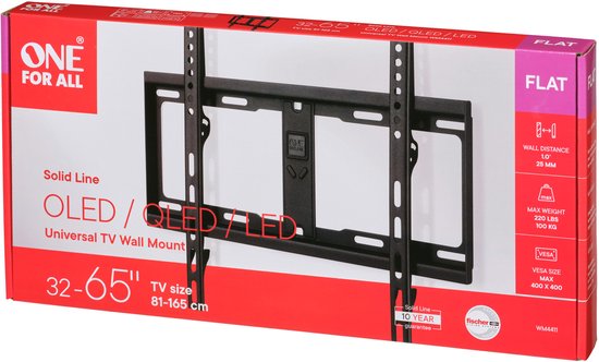 Zwarte One For All Solid Line universele tv-muurbeugel voor 32-65 inch tv's.