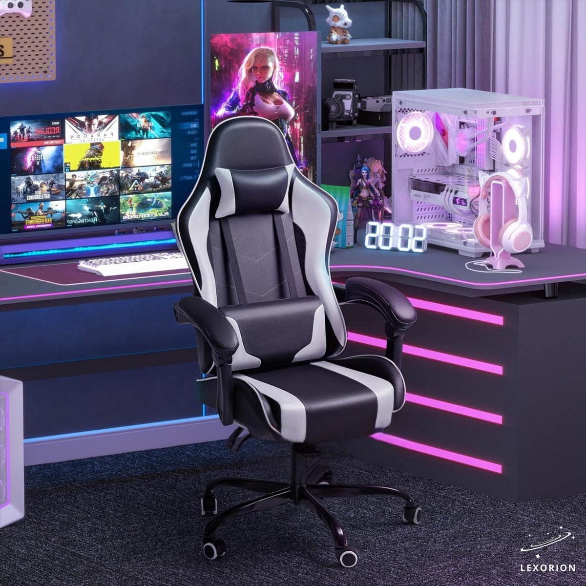 Lexorion Gaming Stoel – Ergonomische Gaming Chair – Inclusief Gratis RGB Gamingmuis Cadeau – Verstelbaar – Lederen Gamestoel – 136 kg – Wit– Bureaustoel – foto 7