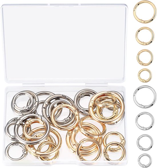 30PCS Ronde Carabiners - Multi-size Ronde Sleutelhangers - Ronde O-Ring Carabiner Sleutelhangers Klein - Veer Ringen voor Ambacht Tas Accessoires DIY Ambachten - Zilver+Goud