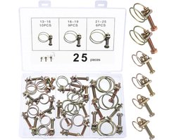25Pcs Dubbele Draad Slangklemmen - Verstelbare Tube Klemmen - Koolstofstaal Slangklemmen voor Waterpijp Tank Auto Buizen - 13-16mm 16-10mm 21-25mm