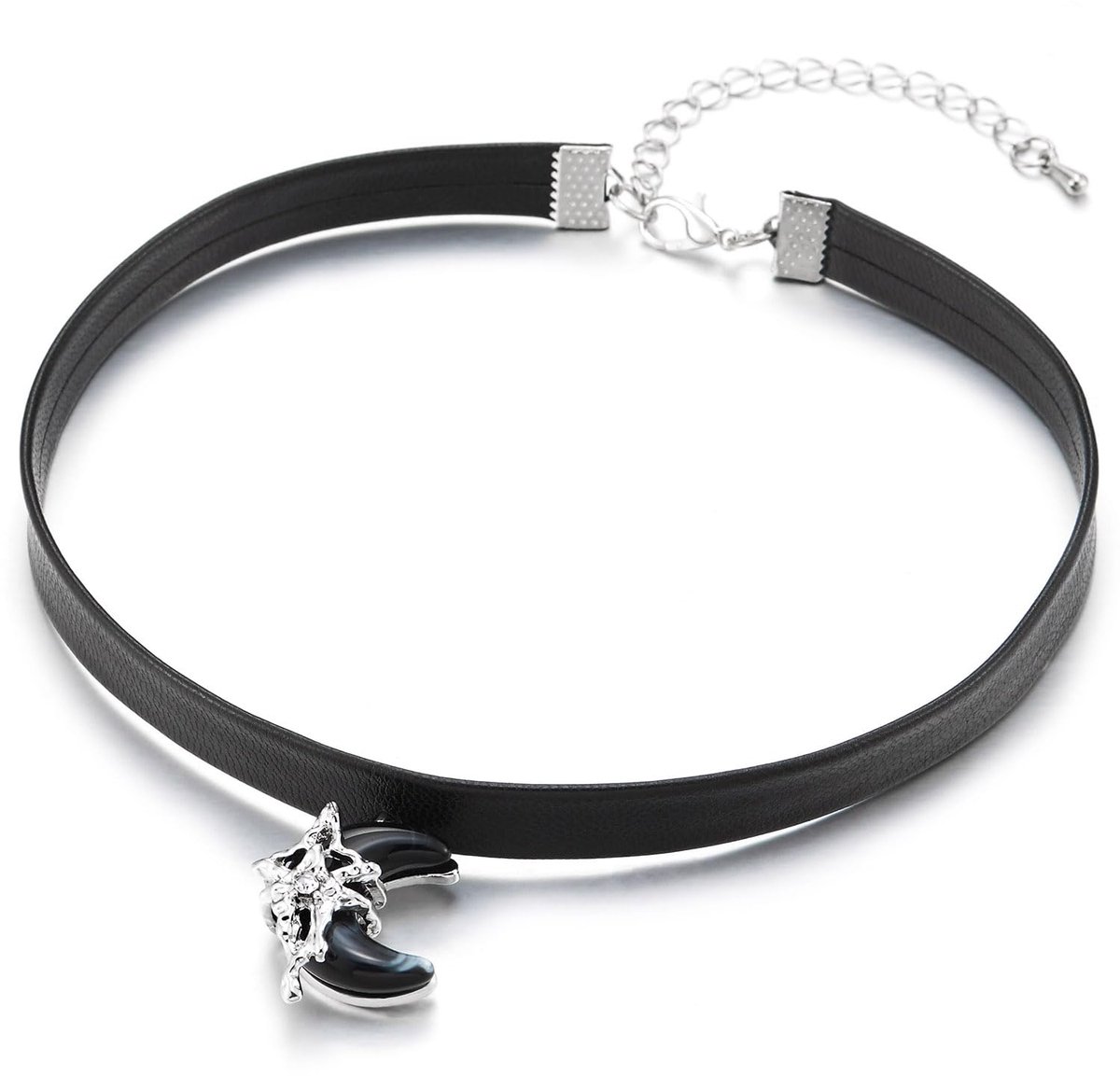 Women's Gothic Half-Moon Star Choker, Leather Strap, Black, Adjustable