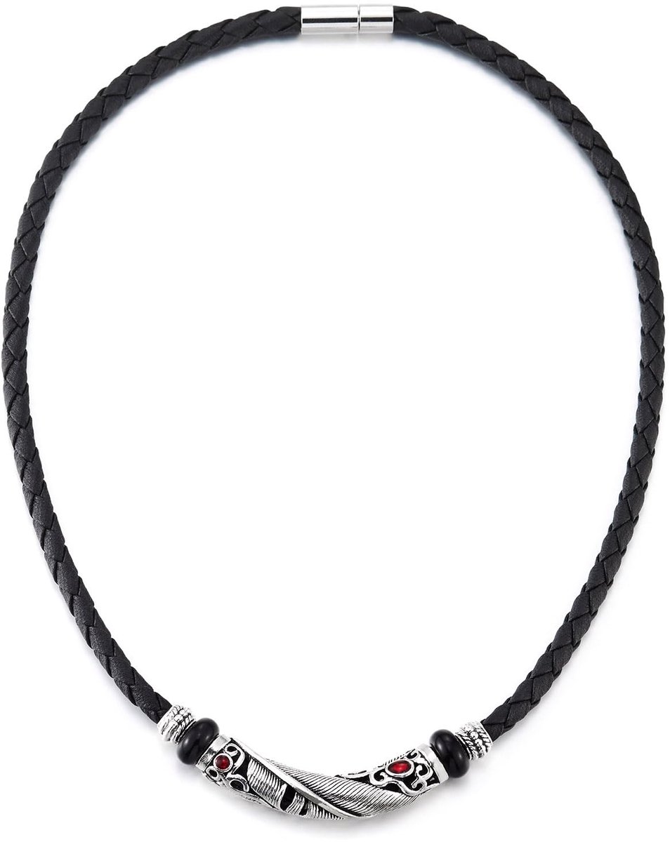 Black braided leather necklace with feather pendant and red stones - vintage tribal - ladies men, Black leather and black onyx synthetic, No gemstone, Black leather and black onyx