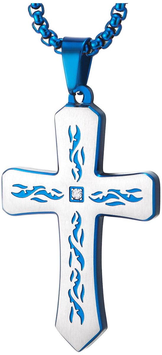 Men's Silver Blue Stainless Steel Cross Pendant Necklace with Tribal Flame Engraved, 70cm Chain, Stainless Steel, Zirconia, Stainless Steel, Cubic Zirconia