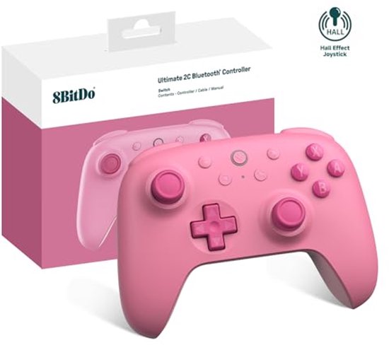 Bluetooth Controller voor Switch - 8Bitdo Ultimate 2C, Hall-effect Joysticks, Niet-lineaire Digitale Triggers, Opnieuw Toewijsbare Bumpers, 6-assige Beweging, Trilfunctie, Roze