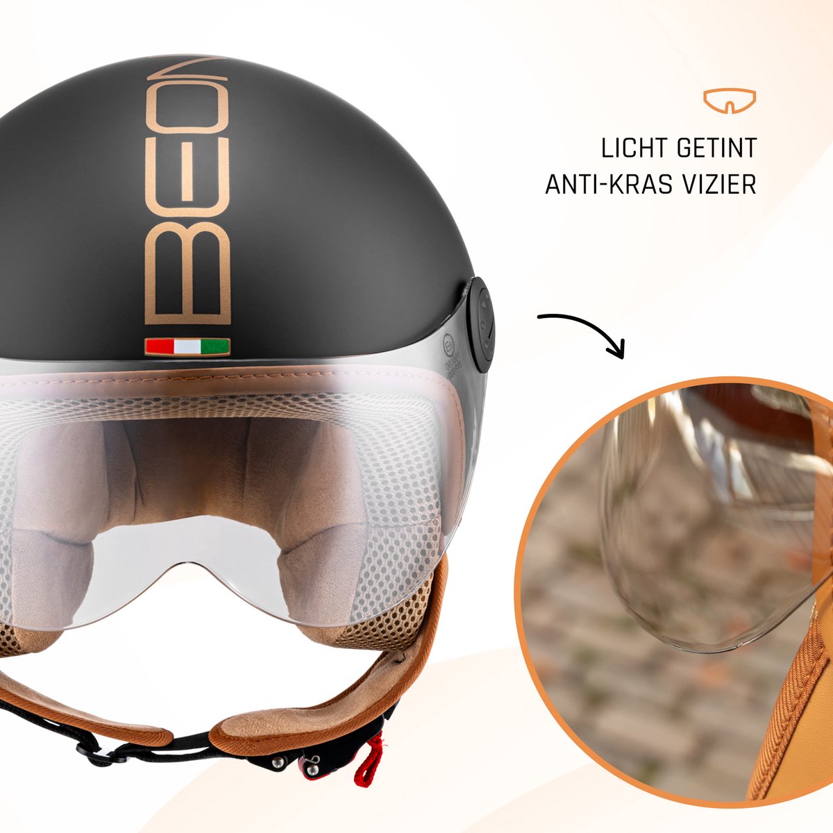 BEON Design Luxe Scooterhelm - Mat Zwart - L - Jethelm met Vizier - Motorhelm - Geschikt voor Vespa, Scooter, Brommer, Motor en Snorfiets – foto 8