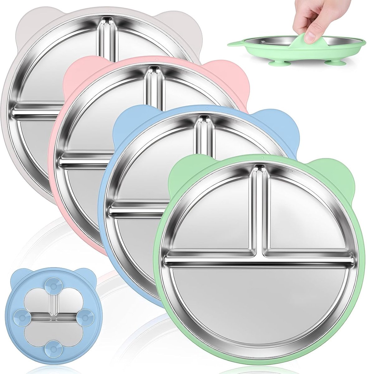Image of 4-pack roestvrijstalen peuterborden met zuignap - 9" kinderborden met vakjes, verwijderbare siliconen hoezen voor babyvoeding, berenoorontwerp, antislip, BPA-vrij, vaatwasmachinebestendig