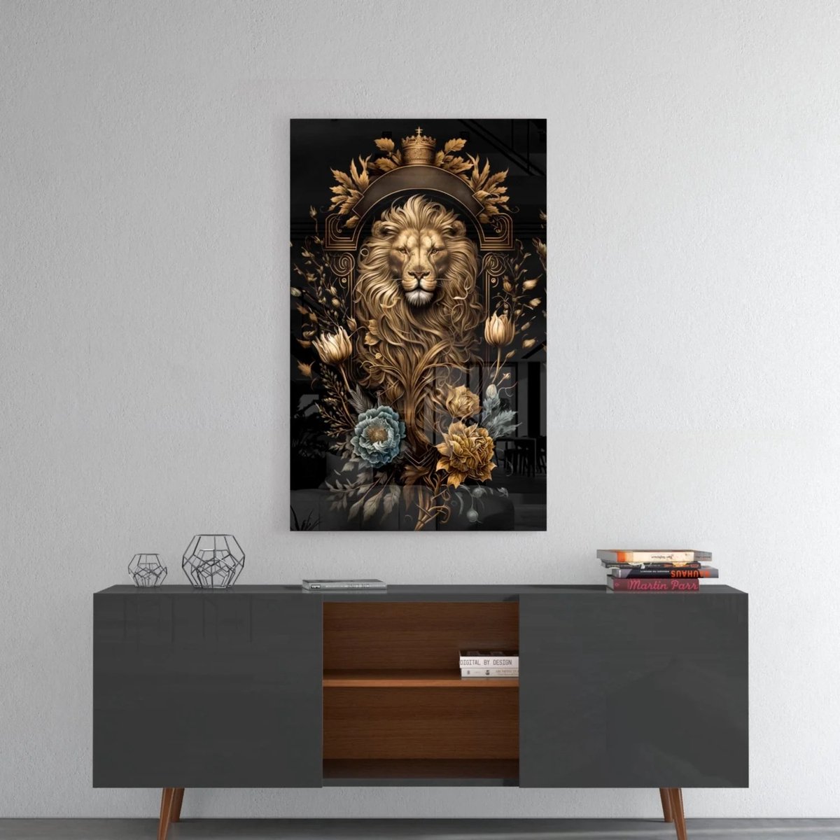 Glasschilderij – Leeuw met Gouden Accenten – Koninklijke Luxe Wanddecoratie – 110x70 cm