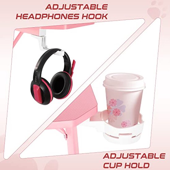 Ergonomisch Gaming Bureau met Carbon Fiber Blad en Verstelbare Monitorplank in Roze — afbeelding 3