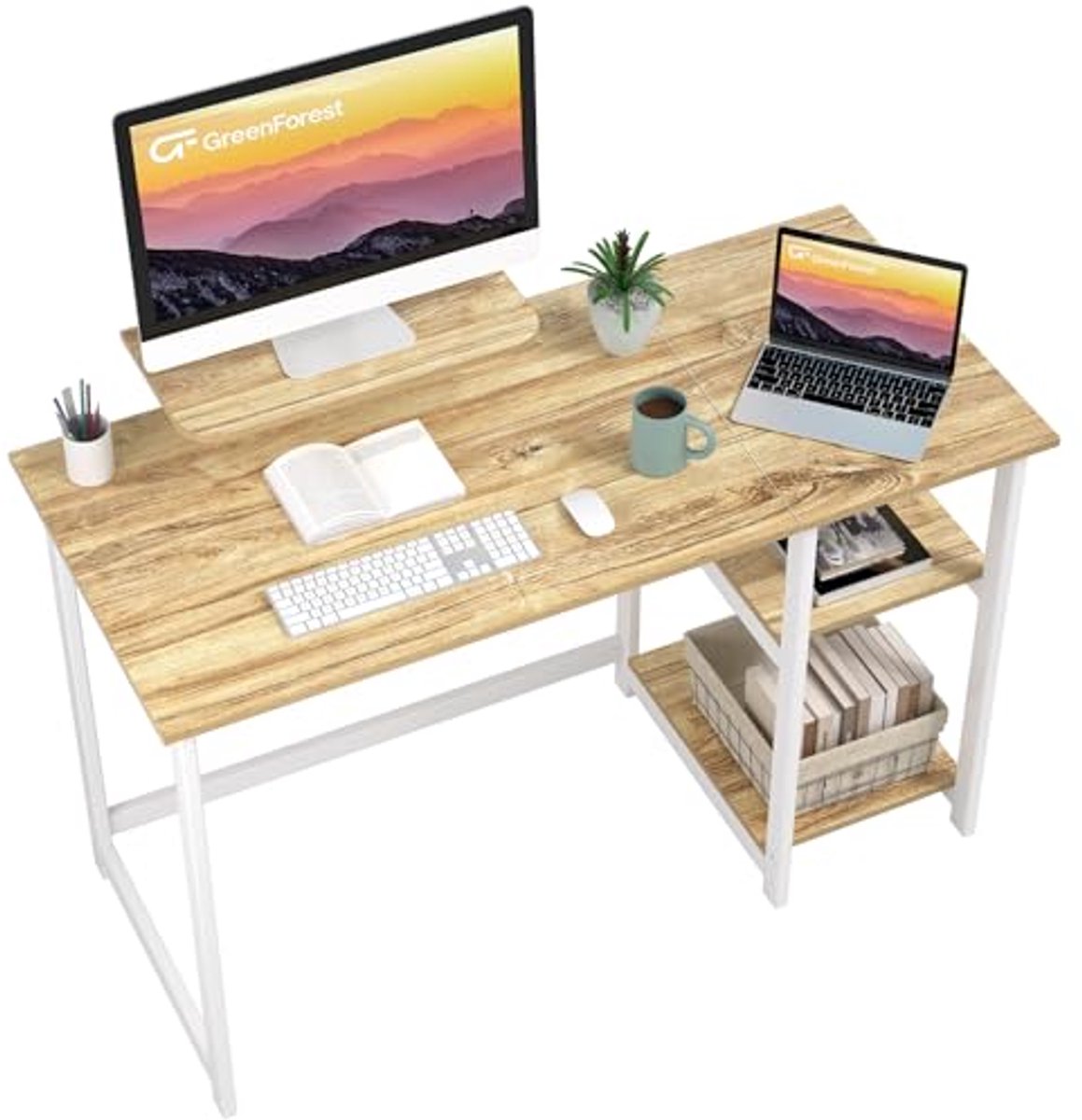 Computer Bureau met Monitor Stand - 120cm Home Office Bureau met Omkeerbare Opbergplanken voor Kleine Kantoren