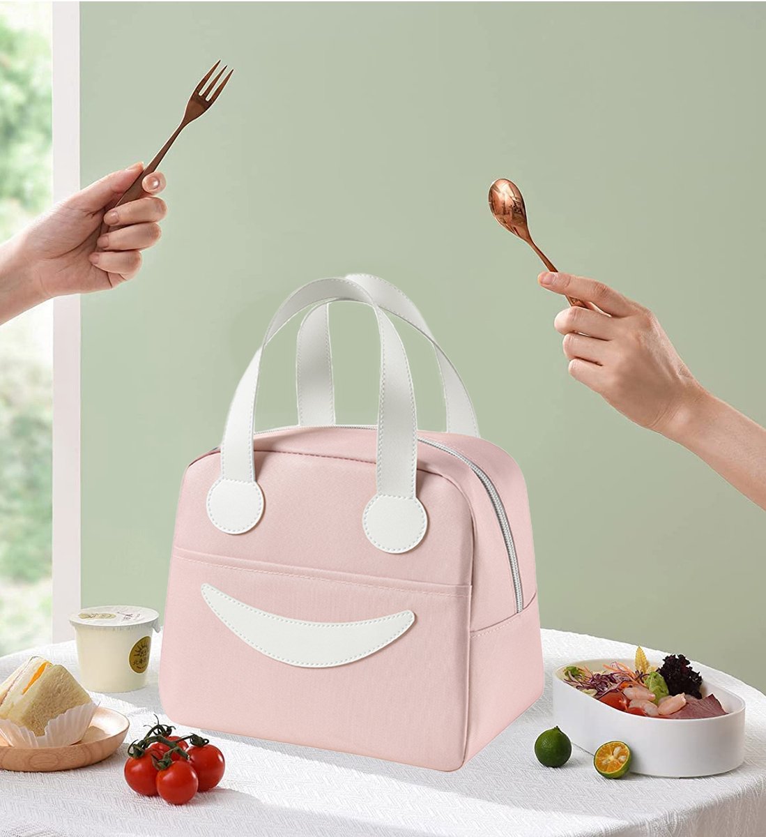 Rainbecom - Koeltassen - Lunchtas - 23.5x14x20.5 cm - 6.7 Liter - Roze - Isolatie - 300D Kationisch Polyester - Lunchtas met smileygezicht - Klittenbandsluiting - Handvat Riem - Koeltas - Lunch Bag - Geïsoleerde Koeltas - Picknicktas