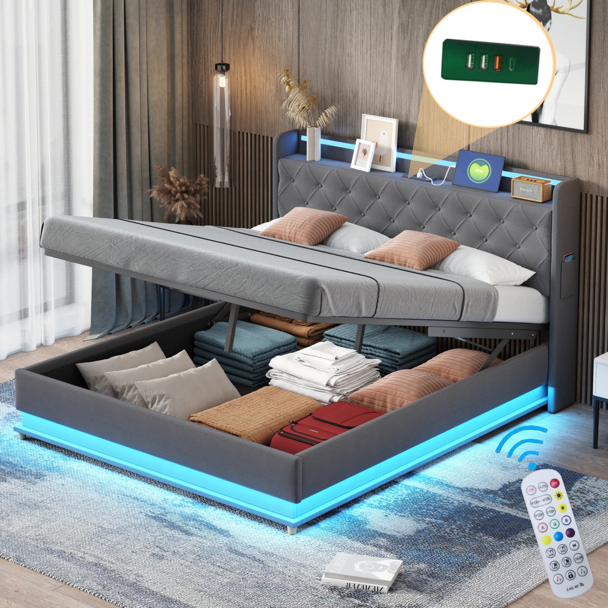 SINGULARITY-LED gestoffeerd bed 160x200 cm met USB-oplaadpoort en hydraulische opberging- huidvriendelijke linnen stof grijs- zonder matras