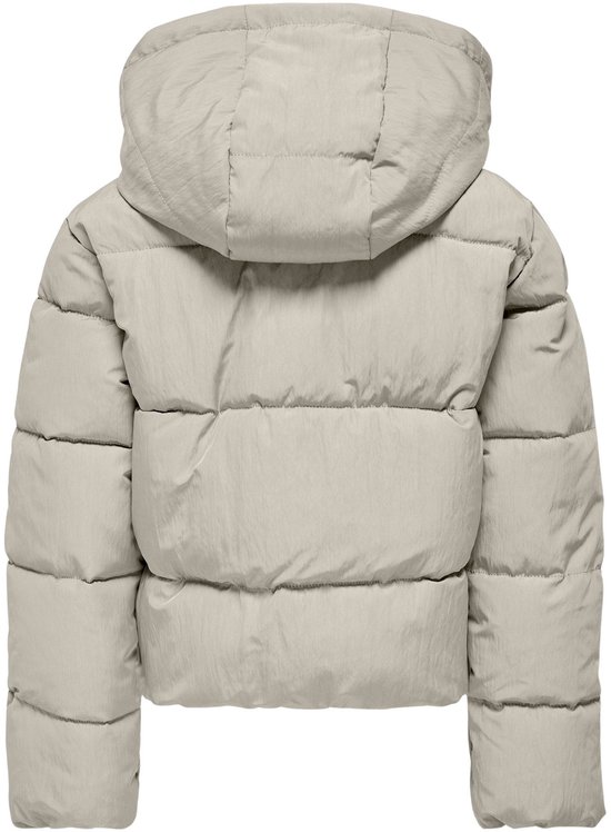 Lichtbeige pufferjack met capuchon, van achteren.
