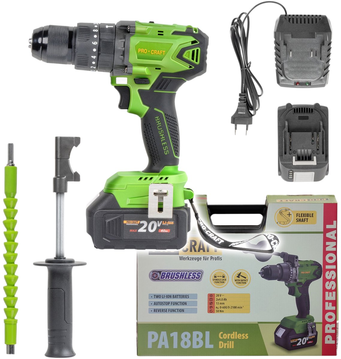 Procraft PA18BL accu-klopboormachine 20 V 50 Nm borstelloos + 2x accu 4,0 Ah + oplader + koffer