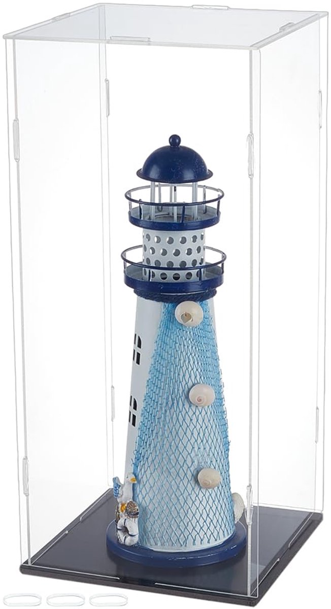 Acryl vitrine 16,4 x 16,4 x 36,9 cm Model Vitrine met Rubbers Acryl Vitrine met Zwarte Basis Helder Monteren Display Box voor Minifiguren Collecties
