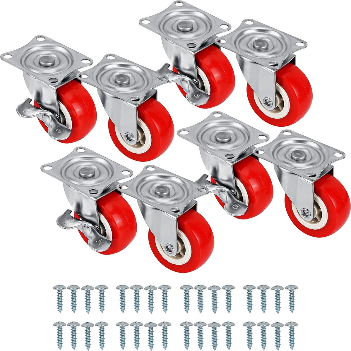 Allecto Plus - Zwenkwielen van zware kwaliteit - Set van 8 stuks - 50 mm - Rode wielen met rubberen banden - Inclusief schroeven, klem remmen en metalen platen - Maximale belasting 50 kg - Voor trolleys en verhuizingen.