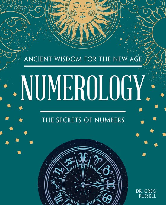 Boek kaft met de titel Numerology: The Secrets of Numbers. Iconen van de zon, maan en dierenriem in goud.