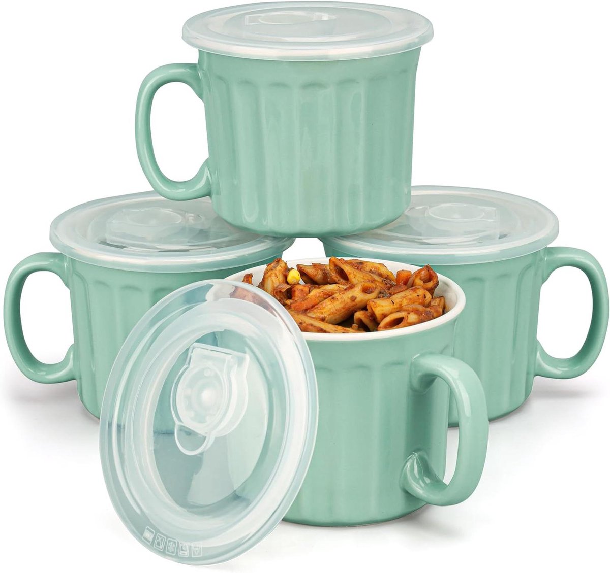 Orivio - Set van 4 turquoise soepkommen met deksel en handvat, geschikt voor magnetron - Keramisch - 400 ml.