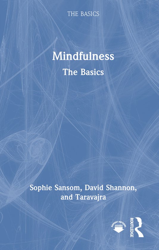 Couverture du livre Mindfulness: The Basics avec des lignes bleues abstraites, du texte blanc et le logo Routledge.