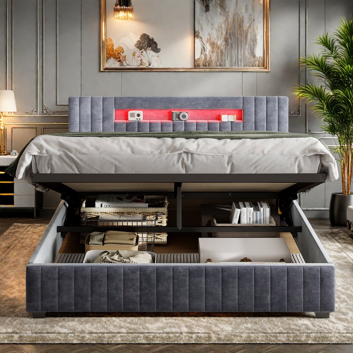 Tweepersoonsbed Grijs Fluweel 140x200 cm met Opbergruimte