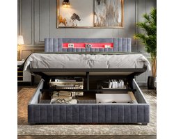 Tweepersoonsbed 140x200 cm – Grijs Fluweel – Gasveer Opbergbed – LED Hoofdbord Verlichting – Luxe Modern Bed met Opbergruimte