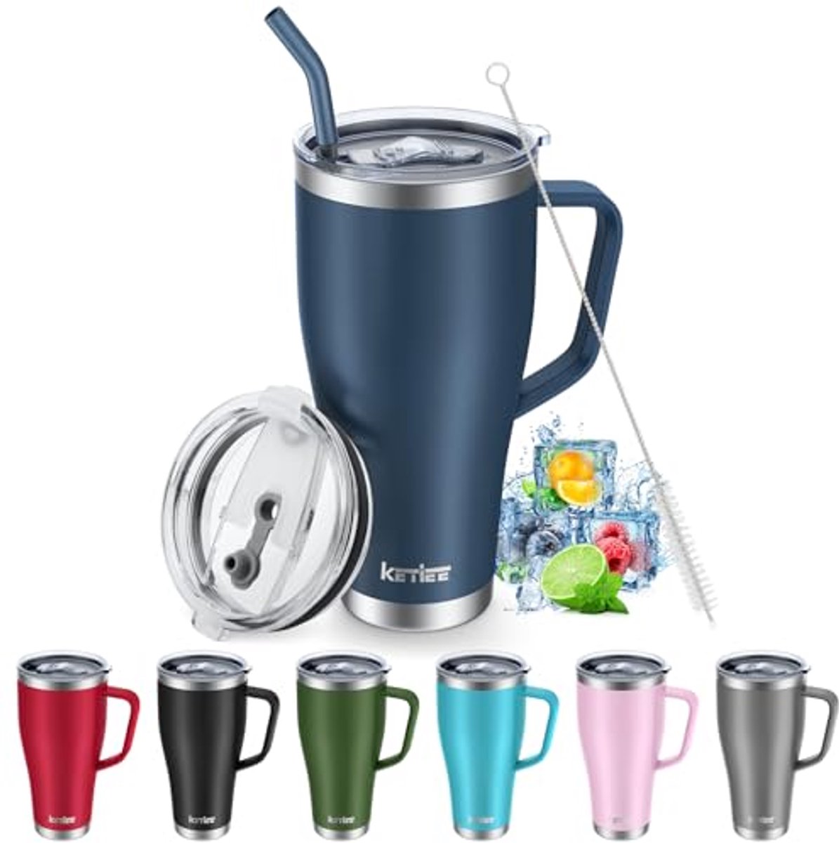 Isolatie Drinkbeker met Rietje en Deksel - 850ml Koffiemok met Handvat voor Warme en Koude Dranken