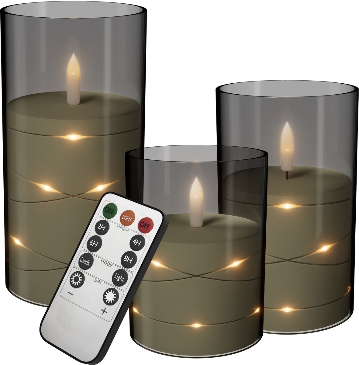 Aufun LED vlamloze kaarsen met afstandsbediening - Flikkerend - Acryl stompkaarsen - Op batterijen - Type B - Grijs - Set van 3 - Voor huisdecoratie en kerstversiering