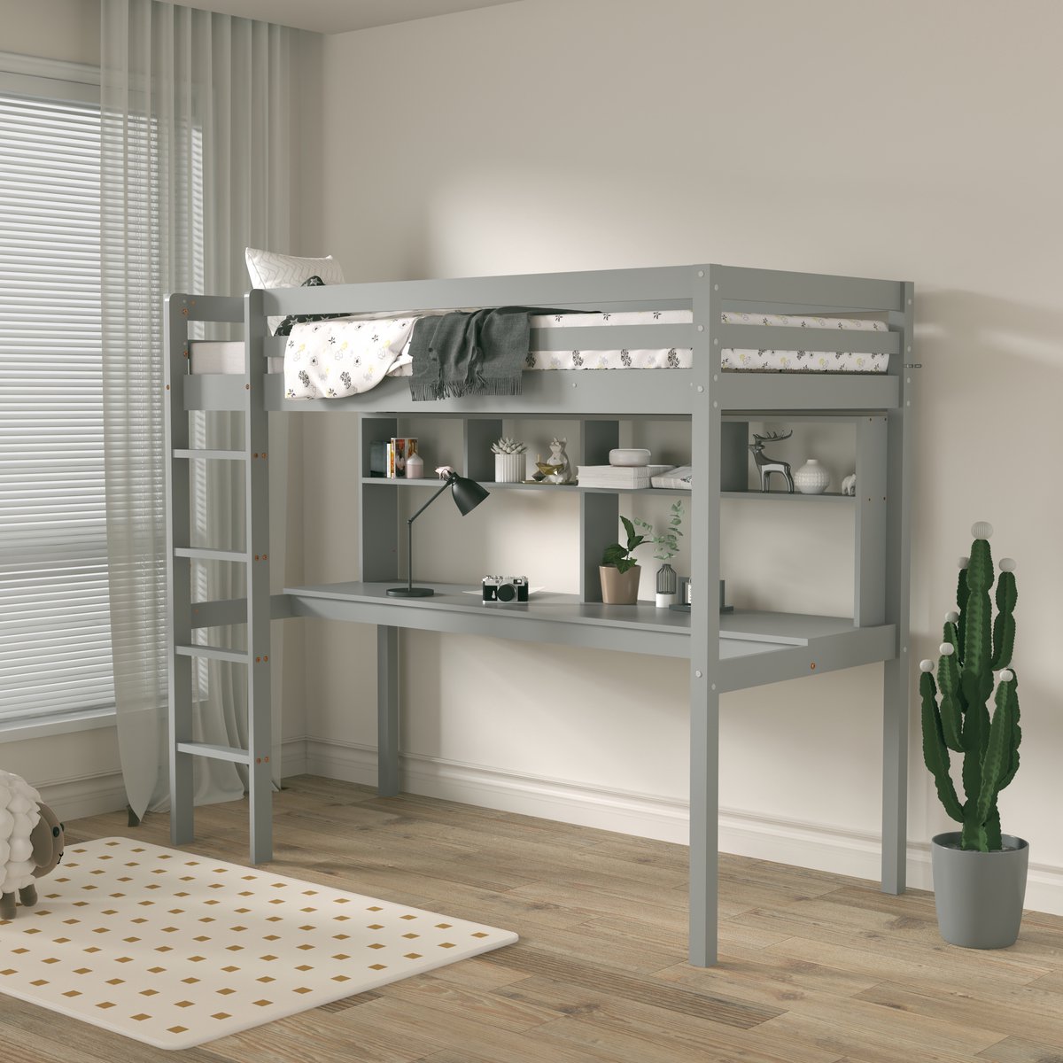 Sunny Sil Hoogslaper – Kinderbed Met Bureau – Met Boekenplank - Met Uitvalbeveiliging en rechte ladder - 208 x 97 x 172 cm – Peuterbed Meisjes en Jongens – FSC 100% Hout – Met Lattenbodem - Exclusief Matras – Grijs