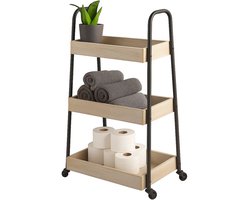 Lomera Opbergtrolley - Verrijdbare Trolley - Keukentrolley op Wieltjes - Serveerwagen - 3 Schappen - Zwart Metaal - Houten Trolley - Zwenkwielen met Rem - Compacte Afmetingen - Lichtgewicht Trolley - Trendy Design