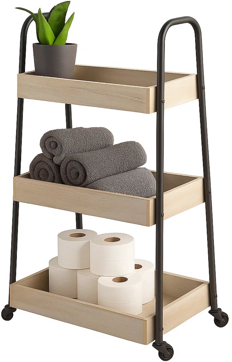 Lomera Opbergtrolley - Verrijdbare Trolley - Keukentrolley op Wieltjes - Serveerwagen - 3 Schappen - Zwart Metaal - Houten Trolley - Zwenkwielen met Rem - Compacte Afmetingen - Lichtgewicht Trolley - Trendy Design