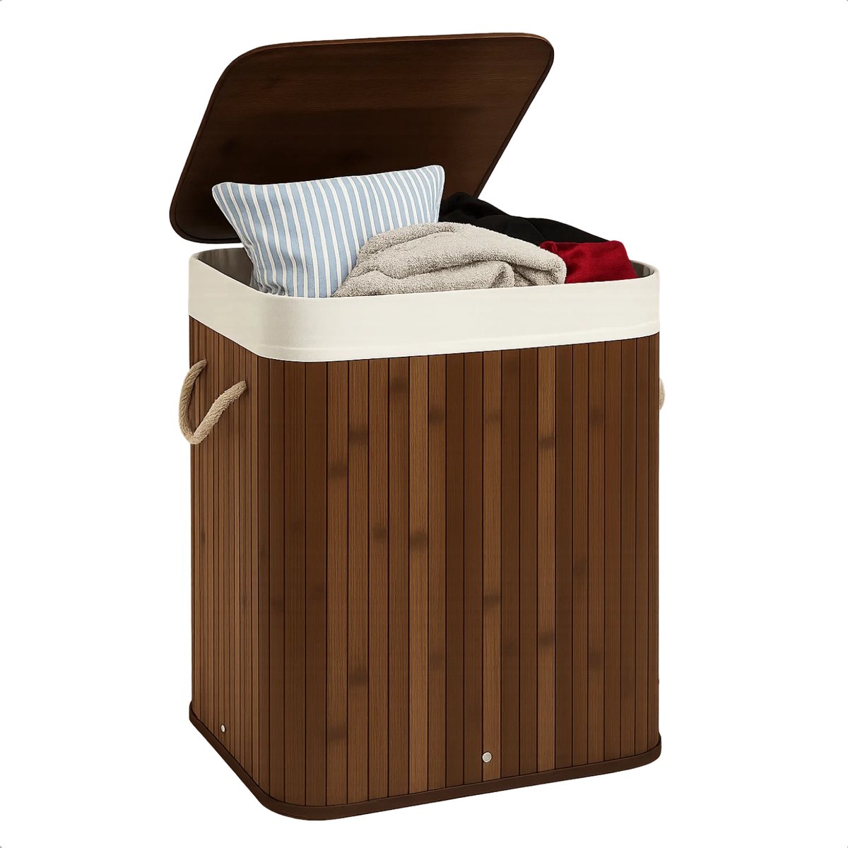 Lomera Bamboe Wasmand - Wasmand Met Deksel - 72 Liter Capaciteit - Opvouwbare Wasmand - Draaghengsels - Afneembaar Deksel - Natuurlijke Bruine Kleur - Verstevigde Metalen Ring - Uitneembare Waszak - Wasbare Binnenzak