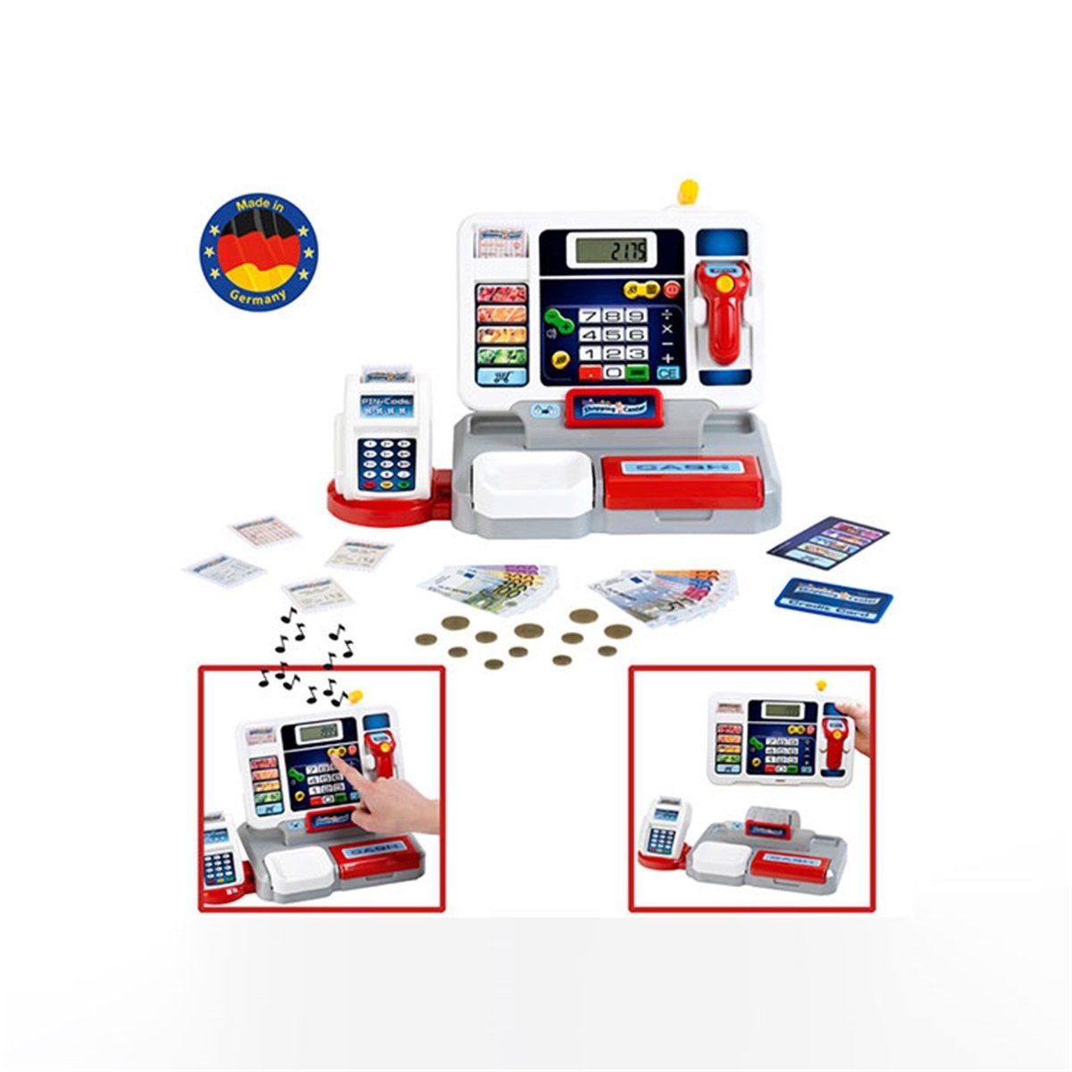 Klein Toys elektronische kassa - afneembare tablet, rekenmachinefunctie, scanner, kaartlezer en een kassa vol speelgeld - 33,42x16,83x22,33 cm - incl. soundbar - grijs rood — afbeelding 3