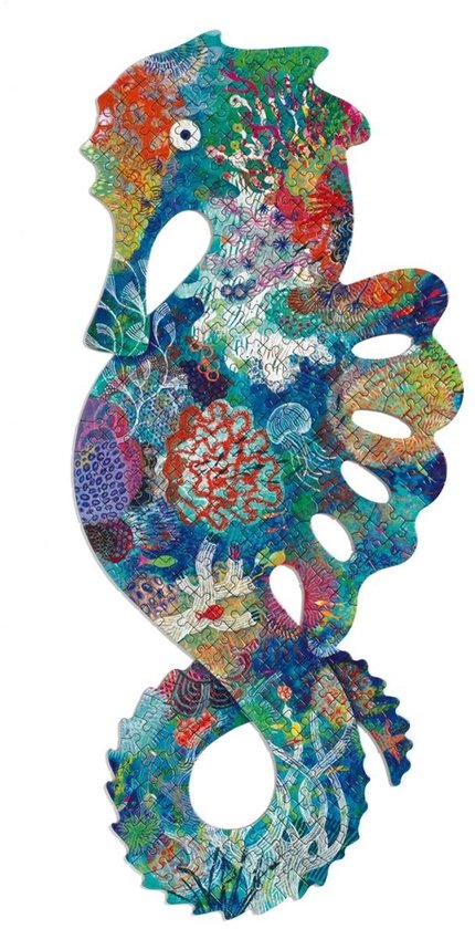 Een opengewerkte Djeco Puzz'Art 350 stukjes 'Zee paardje' puzzel, met een kleurrijke illustratie van een zeepaardje vol zeedieren en koraal.