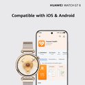 Gouden smartwatch naast telefoon met Huawei Health app. Compatibel met iOS & Android.