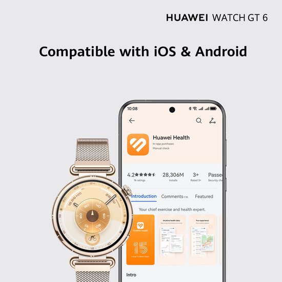 Gouden smartwatch naast telefoon met Huawei Health app. Compatibel met iOS & Android.
