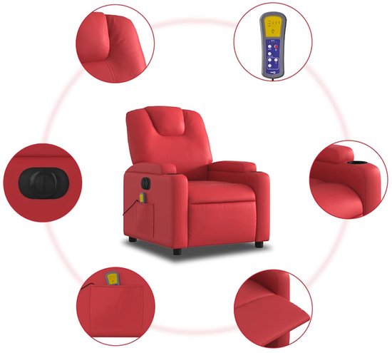 Rode massagestoel in kunstleer met diverse functies, waaronder massage en verstelling.