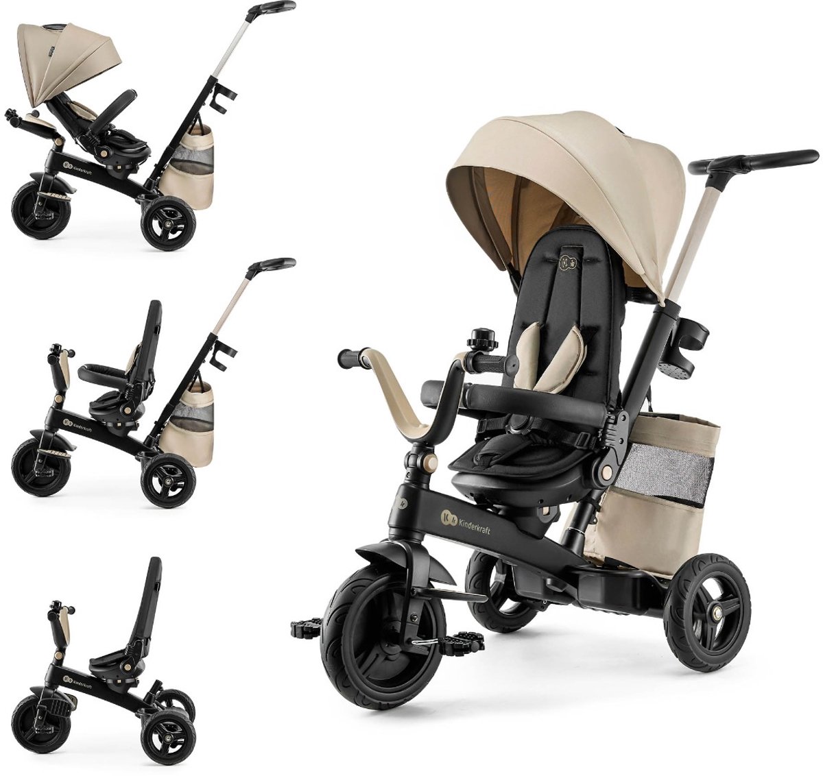 Kinderkraft EASYTWIST Driewieler - Voor Kinderen vanaf 9 Maanden - 360° Draaibare Zit, Verstelbaar en Opvouwbaar - Met Zonnescherm en Opbergruimte - Beige