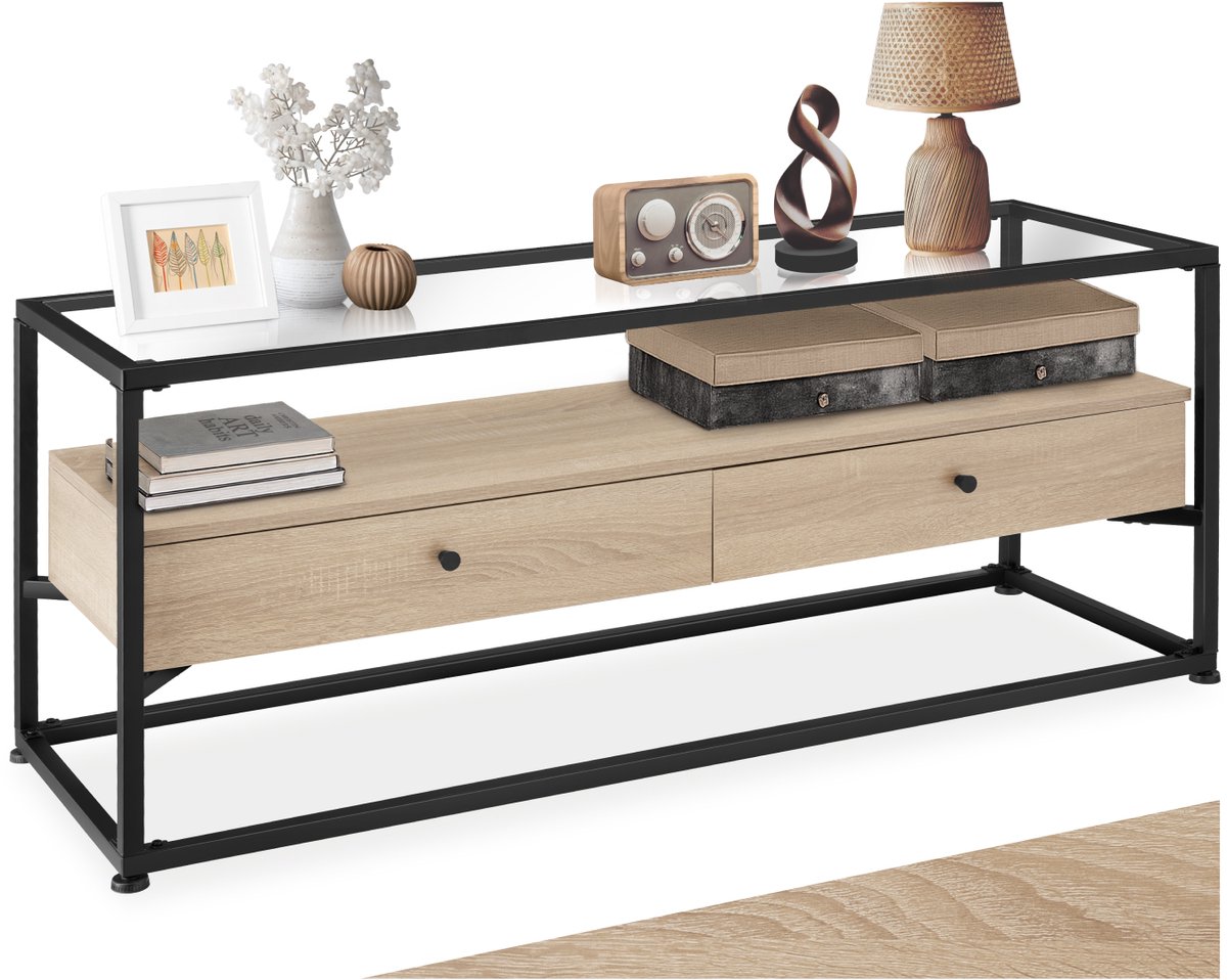 Tectake TV-meubel met 2 lades en glazen blad - Lowboard met 2 niveaus voor TV's - Houten TV-dressoir - Industrieel design - Zwart metalen frame - Afmeting (LxBxH) 121,5 x 41,5 x 50,5 cm - Lichtbruin