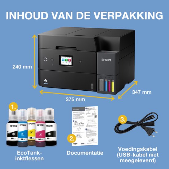 Zwarte Epson Ecotank printer, 4 inktflessen, documentatie en stroomkabel. Afmetingen zijn zichtbaar.