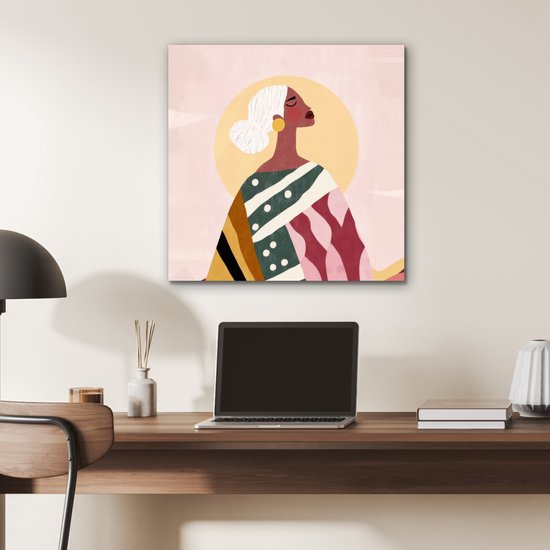 Aluminium schilderij 50x50 cm - Wanddecoratie metaal - Vrouw - Zon - Kleurrijk - Metalen muurdecoratie woonkamer - Decoratie industrieel - Foto op dibond - Industriële accessoires slaapkamer