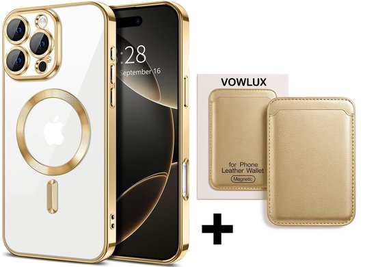 Coque VOWLUX® Compatible iPhone 16 Pro en silicone antichoc avec protection de l'appareil photo + porte-cartes MagSafe QuickWallet Compatible - 24 aimants extra puissants - max 3 cartes - cuir synthétique - Or