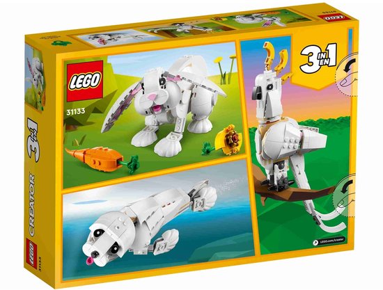 La boîte LEGO Creator montre un lapin blanc, un cacatoès et un phoque.