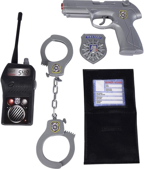 Grijze politie speelgoedset met handboeien, pistool, portofoon, schild en identiteitskaart.