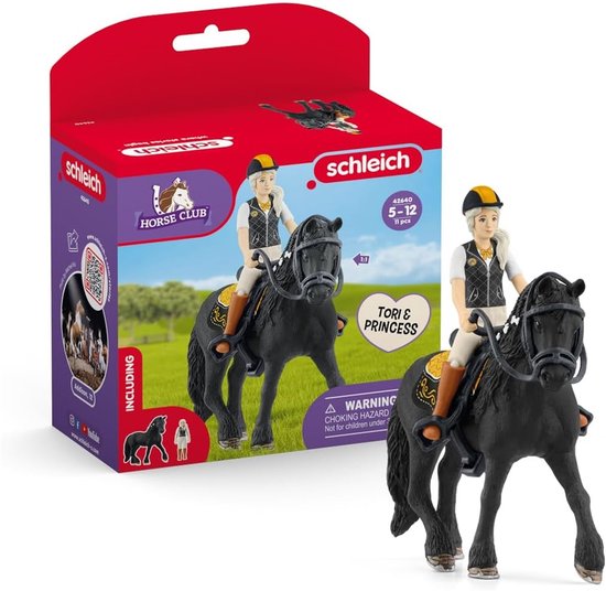 Schleich Horse Club set met zwarte Friese merrie en prinses Tori met gele helm en paardrijvest.