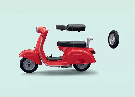 Gedemonteerde rode Vespa scooter van PLAYMOBIL, met zadel en wiel.