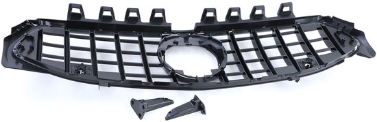 Glanzend zwarte grille met rasterpatroon, ronde opening en twee losse bevestigingsclips.