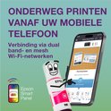 Zwarte Epson EcoTank printer en smartphone met de Epson Smart Panel app, illustreert mobiel printen.